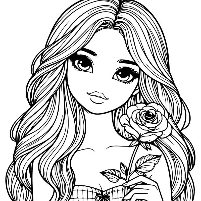 realistic girl with long hair holding a rose