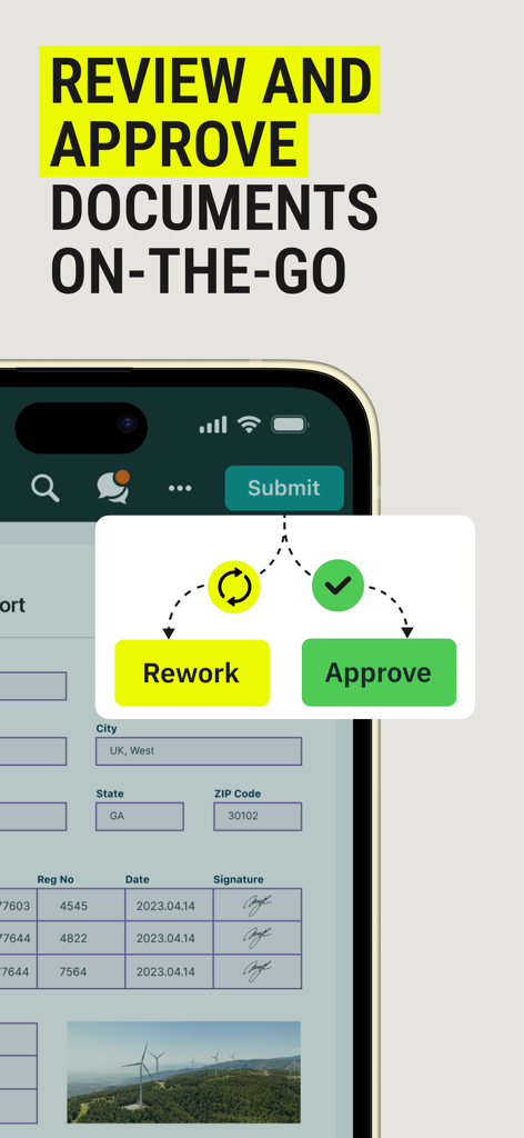 A mobile app interface displaying a document approval workflow with options to rework or approve
