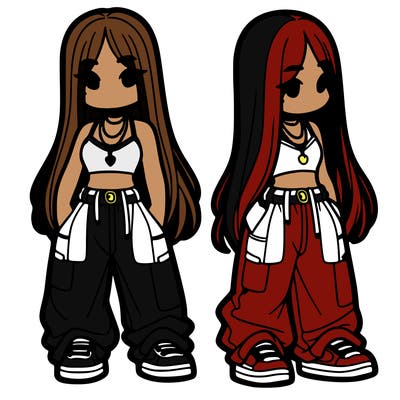 girl in baggy pants crop top and long hair