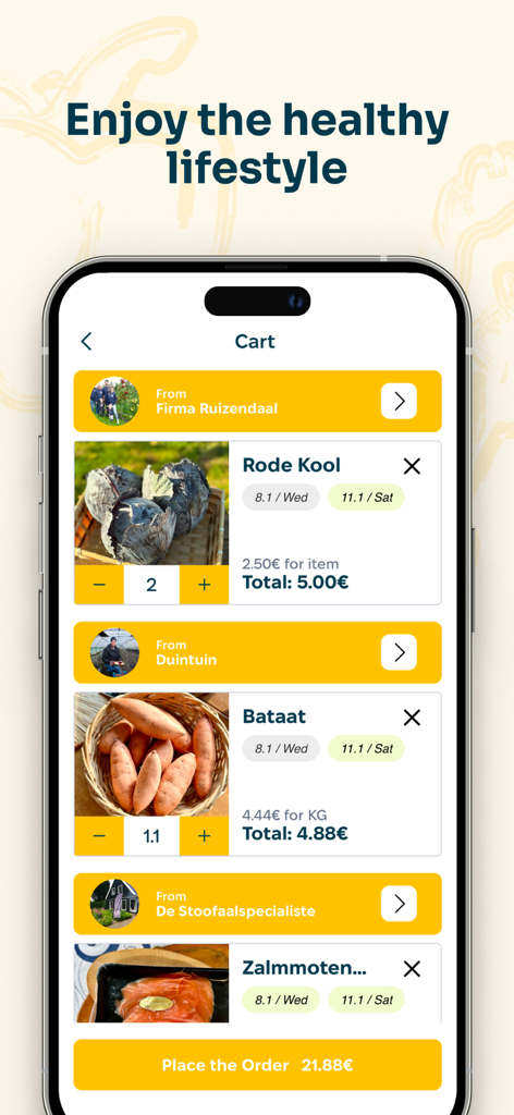 FarmToHome: Buy from Farmers - A mobile app shopping cart screen for FarmToHome showing fresh produce and salmon from local farmers.