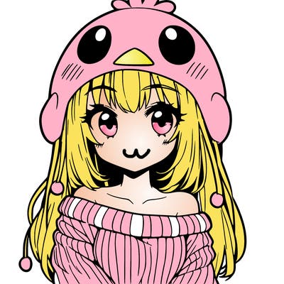 anime girl with chick shaped hat with sweater with bare shoulders with bangs covering them one eye with low tail