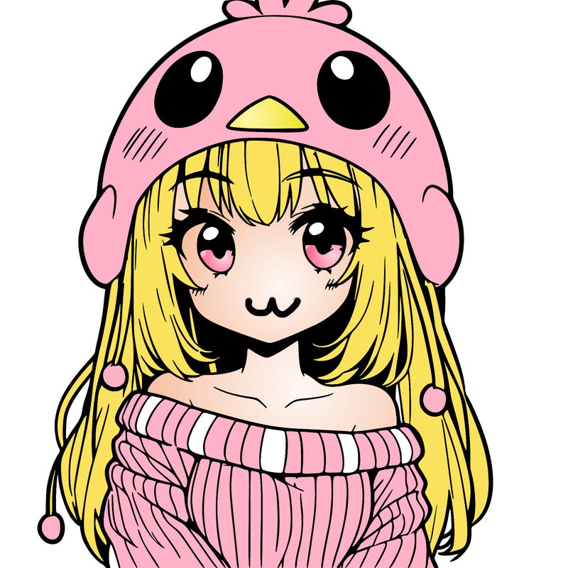 anime girl with chick shaped hat with sweater with bare shoulders with bangs covering them one eye with low tail