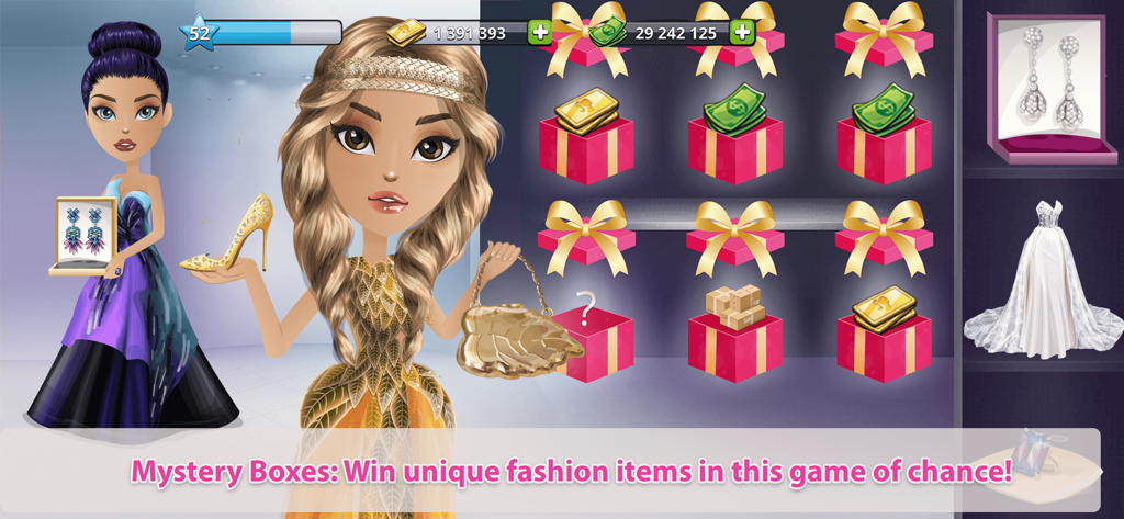 Avatars with mystery boxes and high fashion items in Mall World boutique