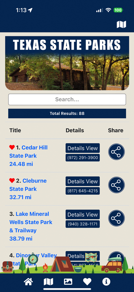 TX State Parks - Directory of Texas state parks within the mobile app showing distances and contact details