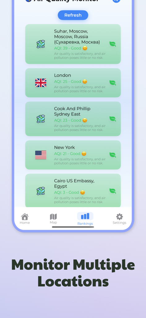 Air Quality Monitor: AQI App - Smartphone screen showing the Air Quality Monitor app with AQI levels for cities like Moscow, London, and New York.