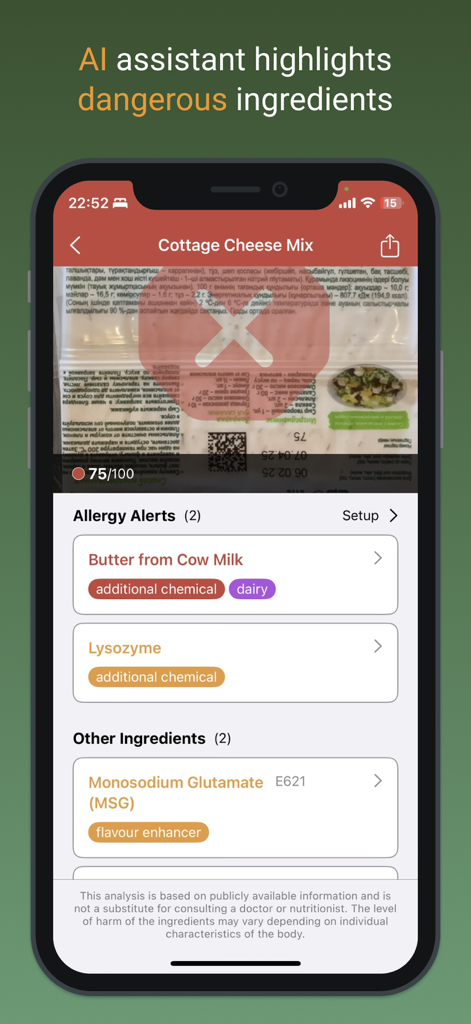 HealthifyScan: AI Food Checker - HealthifyScan app interface showing AI analysis of food ingredients with allergy alerts for dairy and chemical additives