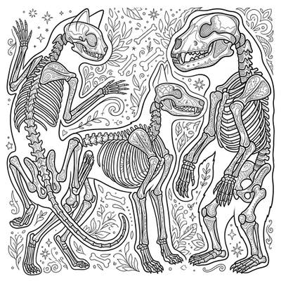 Dive into the fascinating world of anatomy with this intricate coloring page featuring beautifully detailed mammal skeletons. Designed for adults, it offers a unique blend of educational curiosity and artistic expression.