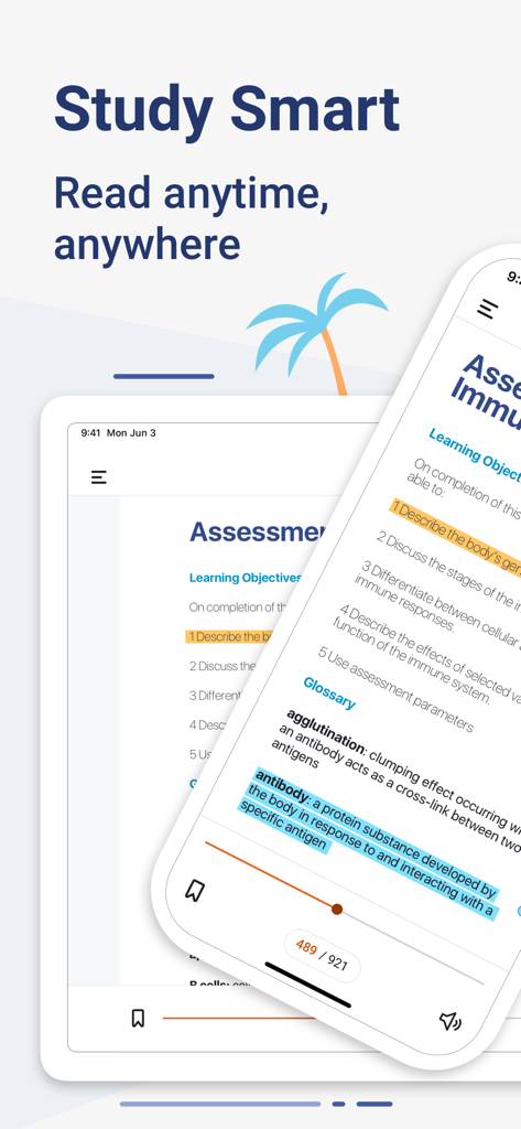 Elsevier eBooks App auf einem Tablet und Smartphone mit einem geöffneten medizinischen Lehrbuch und Textmarkierung