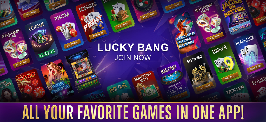 Lucky Bang: Online Casino - Una variedad de juegos de casino social populares como Póker Blackjack y Tragamonedas dentro de la interfaz de la aplicación Lucky Bang