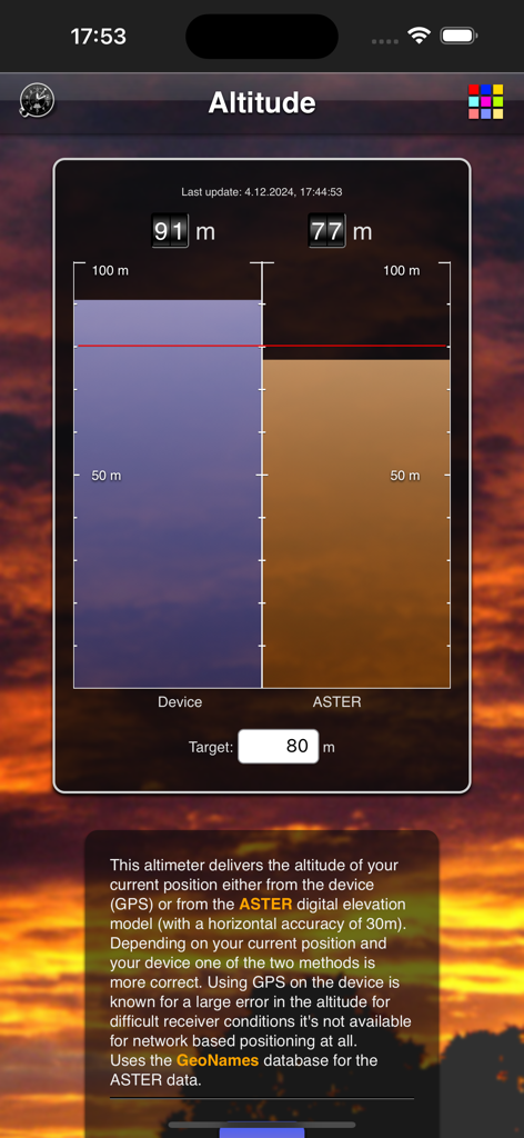 Altitude App - Altitude app interface showing a comparison between device GPS altitude and ASTER digital elevation model readings