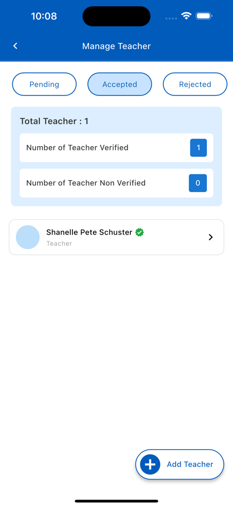 The Manage Teacher screen in the PRASHAST app displaying a list of verified teachers and status counts