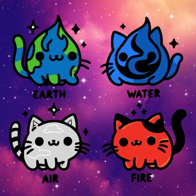 4 cats that represent the different elements, earth, water, air, and fire