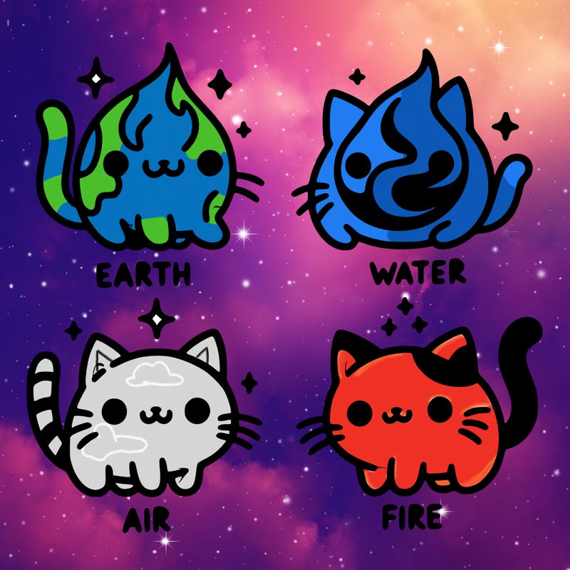 4 cats that represent the different elements, earth, water, air, and fire