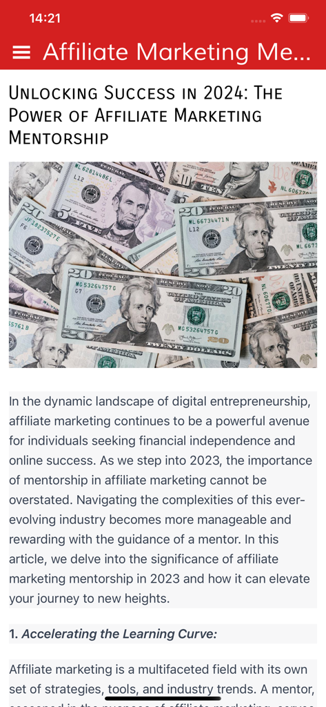 2024年に経済的成功を達成する方法を説明するアフィリエイトマーケティングメンターシップアプリの画面