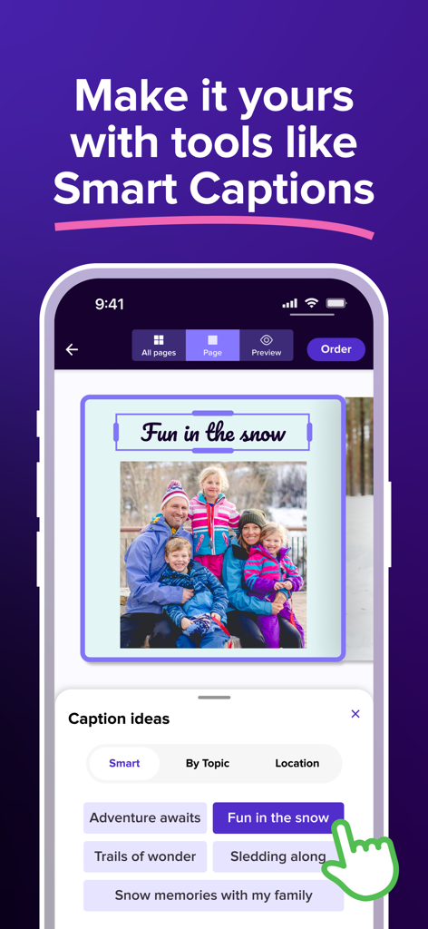 Mixbook | Photo Book Creator - A smartphone showing the Mixbook app interface with AI-powered smart caption suggestions for a family vacation photo.