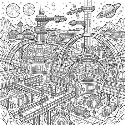 Immerse yourself in a futuristic world with this intricate space colony coloring page. Explore a detailed full scene of human settlements among the stars, ready for your creative touch and a burst of imagination.