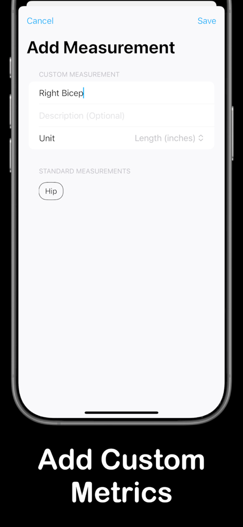 Body Stats: Body Tracking - Screen for adding custom body metrics in the Body Stats tracking app