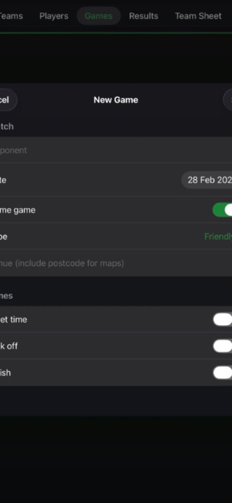 Una pantalla para configurar un nuevo partido en la aplicación Soccer Manager.
