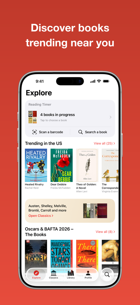 Must Read – The Book Tracker - The explore screen of the Must Read book tracker app showing trending books in the US and a reading timer