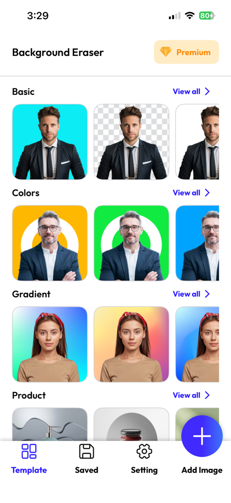 Remove BG - Background Remover - Interfaz de la aplicación de borrador de fondos que muestra varias plantillas de colores y degradados para retratos y productos.