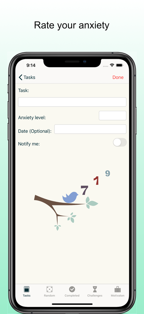Step out of your comfort zone - Interface of the Step out of your comfort zone app showing the screen to add a new task and rate its anxiety level.