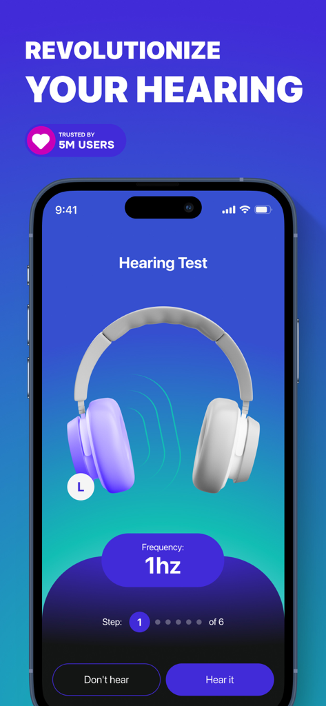 iPhone screen showing a hearing test interface with headphones graphic and frequency settings