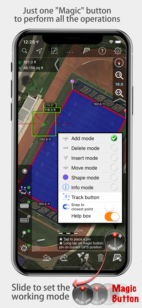 Measure Map Pro - Measure Map Pro app displaying area and distance measurements on a satellite map with the magic button menu open