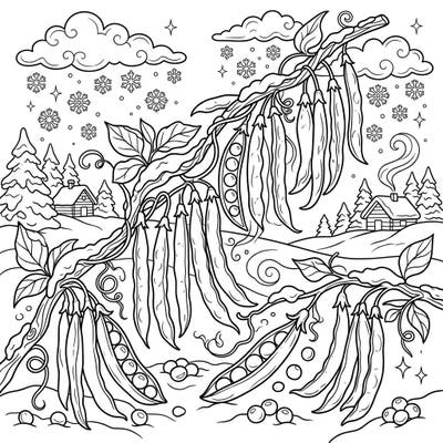 Dive into a charming and unexpected blend of nature and winter magic with this unique coloring page. Explore detailed green bean pods and scattered peas nestled within a snowy landscape, dotted with cozy cabins and delicate snowflakes.