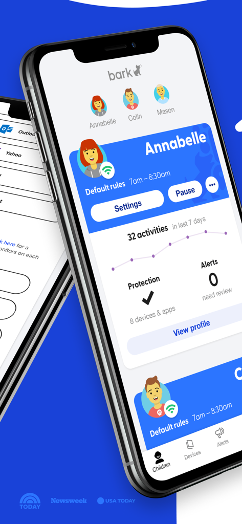 Bark parental control app screen showing child profiles and activity monitoring