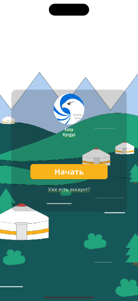 Easy kyrgyz - Easy Kyrgyz app start screen featuring an eagle logo over a mountain and yurt landscape