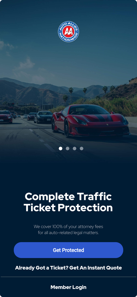 Auto Allies - Auto Allies mobile app home screen showing traffic ticket legal protection services and a Get Protected button.