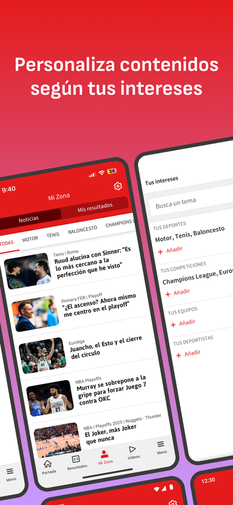 Interfaz de la aplicación de noticias deportivas AS que muestra el feed deportivo personalizado y la configuración de intereses para equipos y competiciones