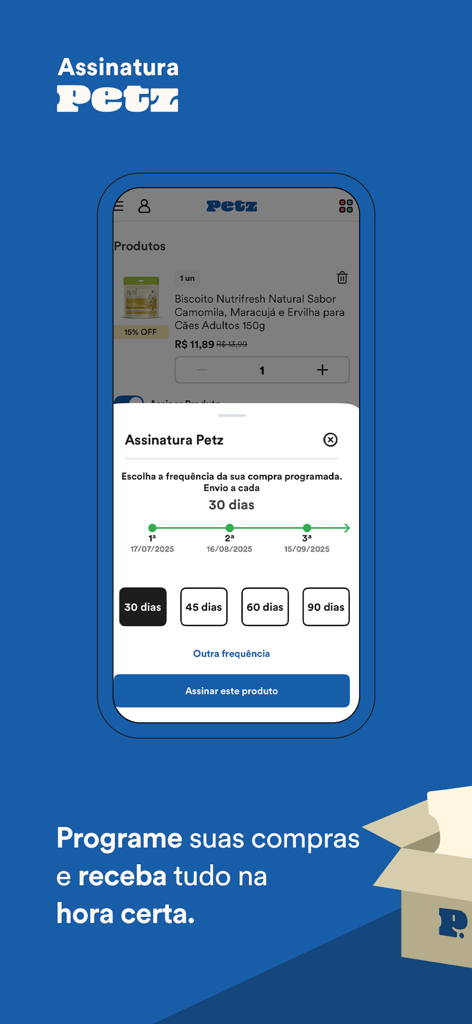 Interface de l'application Petz montrant la fonction d'abonnement pour programmer des livraisons récurrentes de fournitures pour animaux avec des options de fréquence