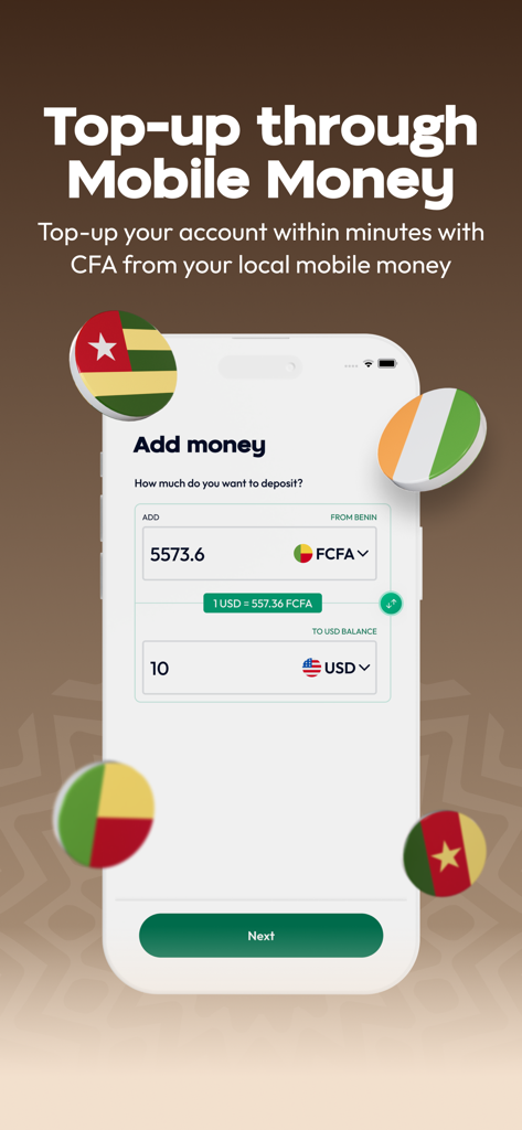 Moneco App-Bildschirm zur Umrechnung des westafrikanischen CFA-Franc in US-Dollar über Mobile Money