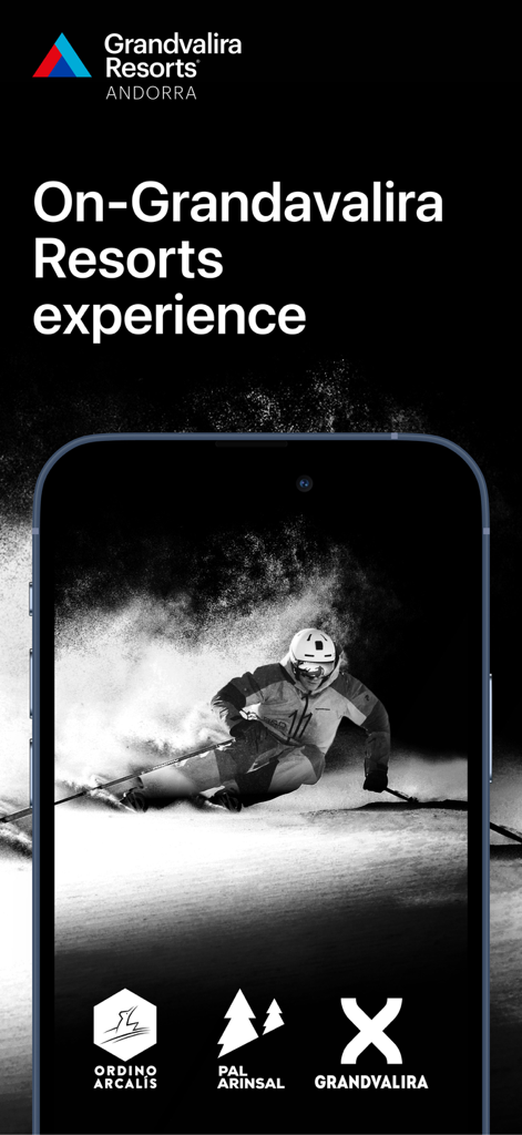 Grandvalira Resorts - Grandvalira Resorts 모바일 앱 환영 화면, 스키어와 Ordino Arcalis Pal Arinsal 및 Grandvalira의 세 리조트 로고 표시