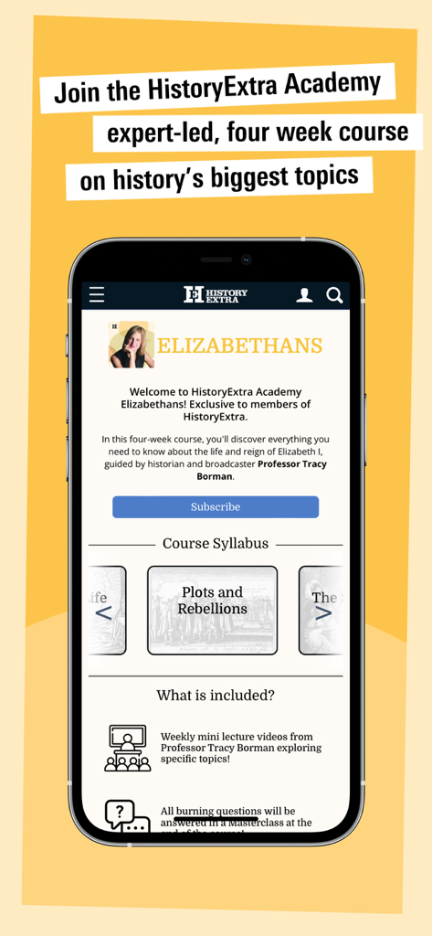 Interface do aplicativo History Extra para um curso ministrado por especialistas sobre os Elisabetanos.
