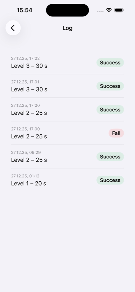 Plank Trainer - A workout history log in the Plank Trainer app showing successful and failed plank sessions categorized by level and duration.