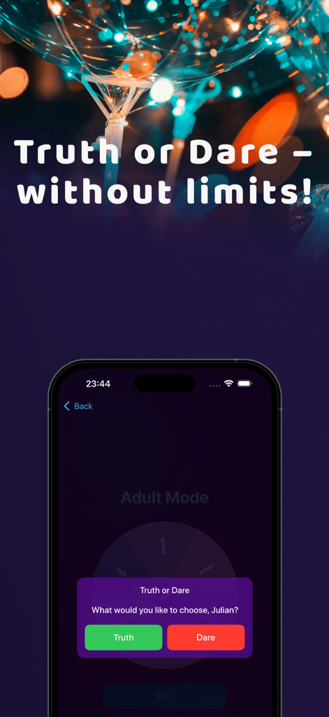 Truth or Dare 1000+ - Jugabilidad de la aplicación móvil Verdad o Reto mostrando el modo Adultos con botones de selección para Verdad o Reto.