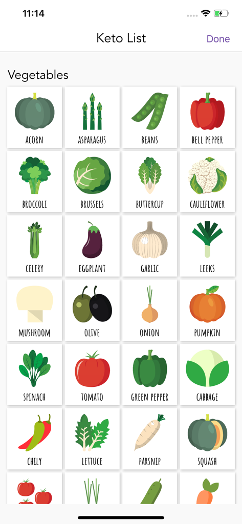 Ketogenic Keto diet food list - Um guia visual de vegetais amigáveis à dieta Keto, incluindo ícones para brócolis, espinafre e aspargos dentro da interface do aplicativo