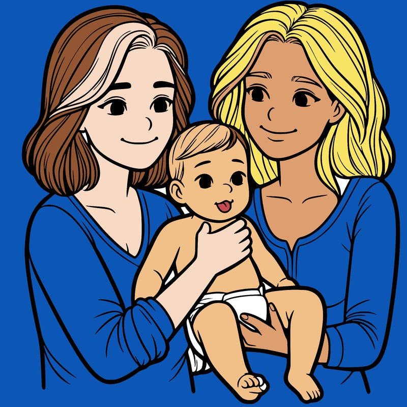 two realistic women holding one baby together