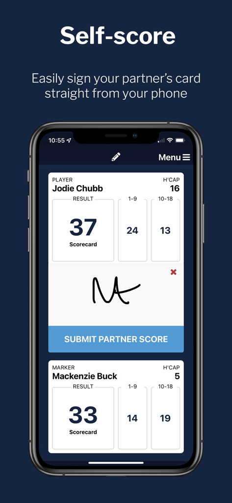 Mobile app interface for signing and submitting a partners golf scorecard digitally