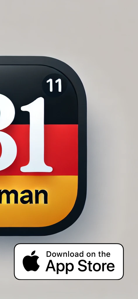 German Grammar B1 - An app icon for German Grammar B1 with the German flag colors and an App Store download button.