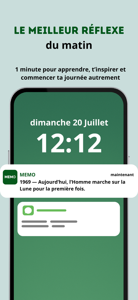 MEMO – Histoires du jour - iPhone lock screen showing a daily history notification from the MEMO app about the first moon landing in 1969.