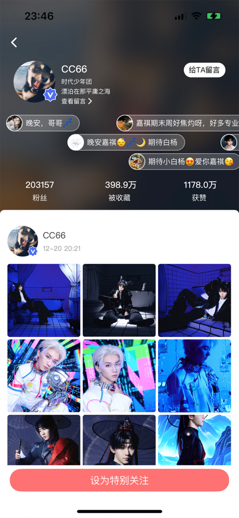 T-FAMILY-App-Bildschirm mit einem Künstlerprofil mit Fotogalerie und Fan-Engagement-Statistiken