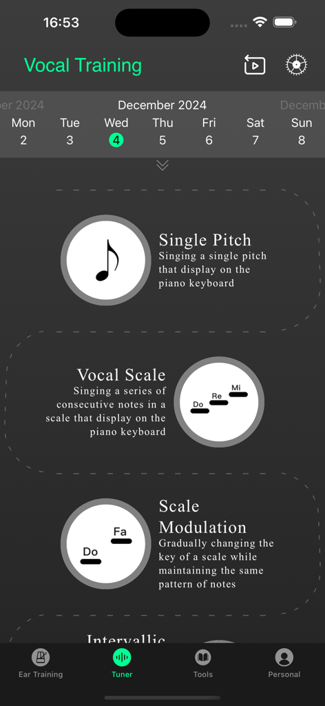 Vocal coach - Perfect Ear App - Interfaz de la aplicación de Entrenamiento Vocal mostrando una lista de ejercicios de canto, incluyendo Tono Único y Escala Vocal