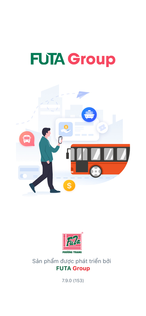 FUTA Group app splash screen featuring illustrations for bus and taxi booking services