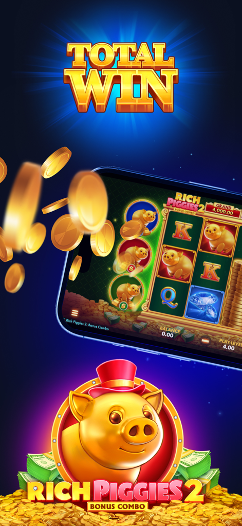 Rich Piggies 2 slot game total win screen with falling gold coins