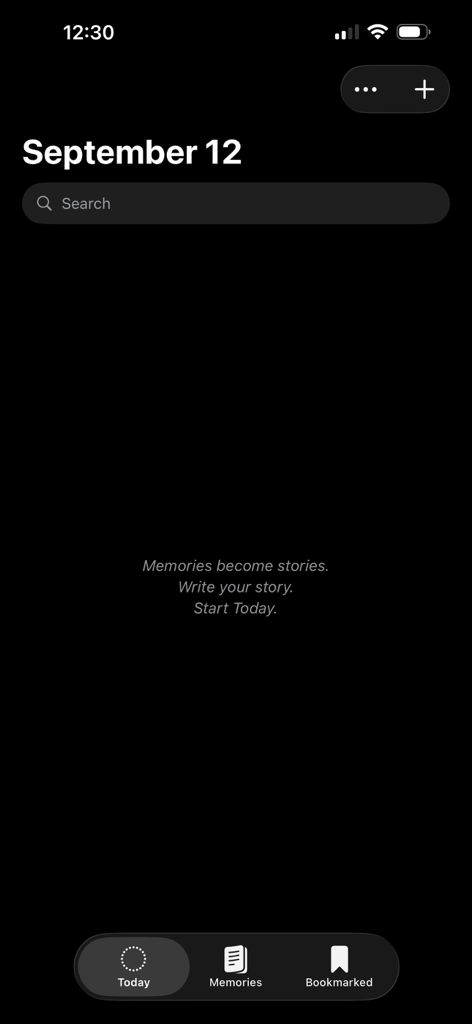 Today - Memory Notebook - The minimalist dark mode home screen of the Today Memory Notebook app with a search bar and a journaling prompt