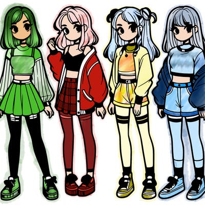 one girl with crop-top shirt and a jacket with a skirt, long socks and another girl with a shirt and pants with a jacket