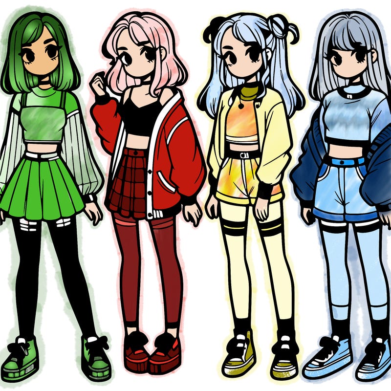 one girl with crop-top shirt and a jacket with a skirt, long socks and another girl with a shirt and pants with a jacket